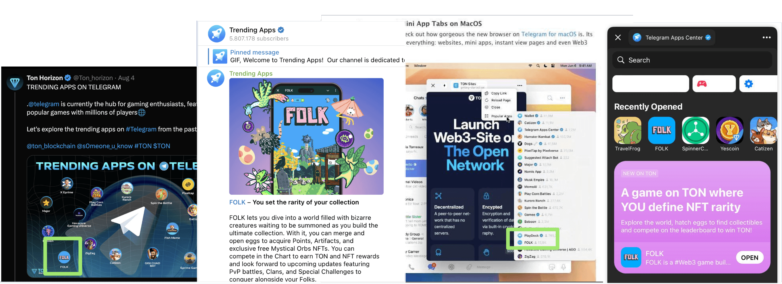FOLK featured across Telegram - in the Trending Apps channel, the Telegram Apps Center, and the TON trending apps roundup