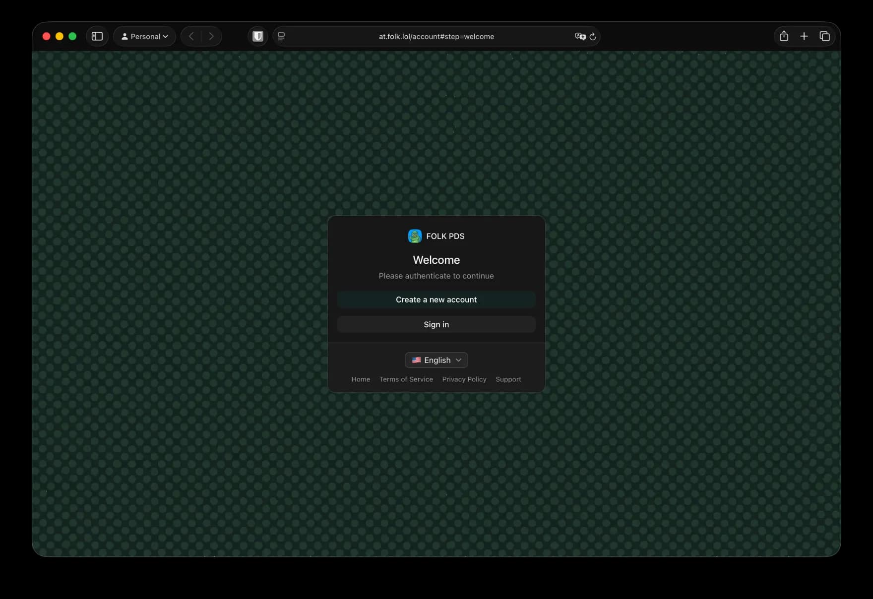 The FOLK PDS welcome screen at at.folk.lol, dark green halftone dots behind a Create a new account / Sign in card