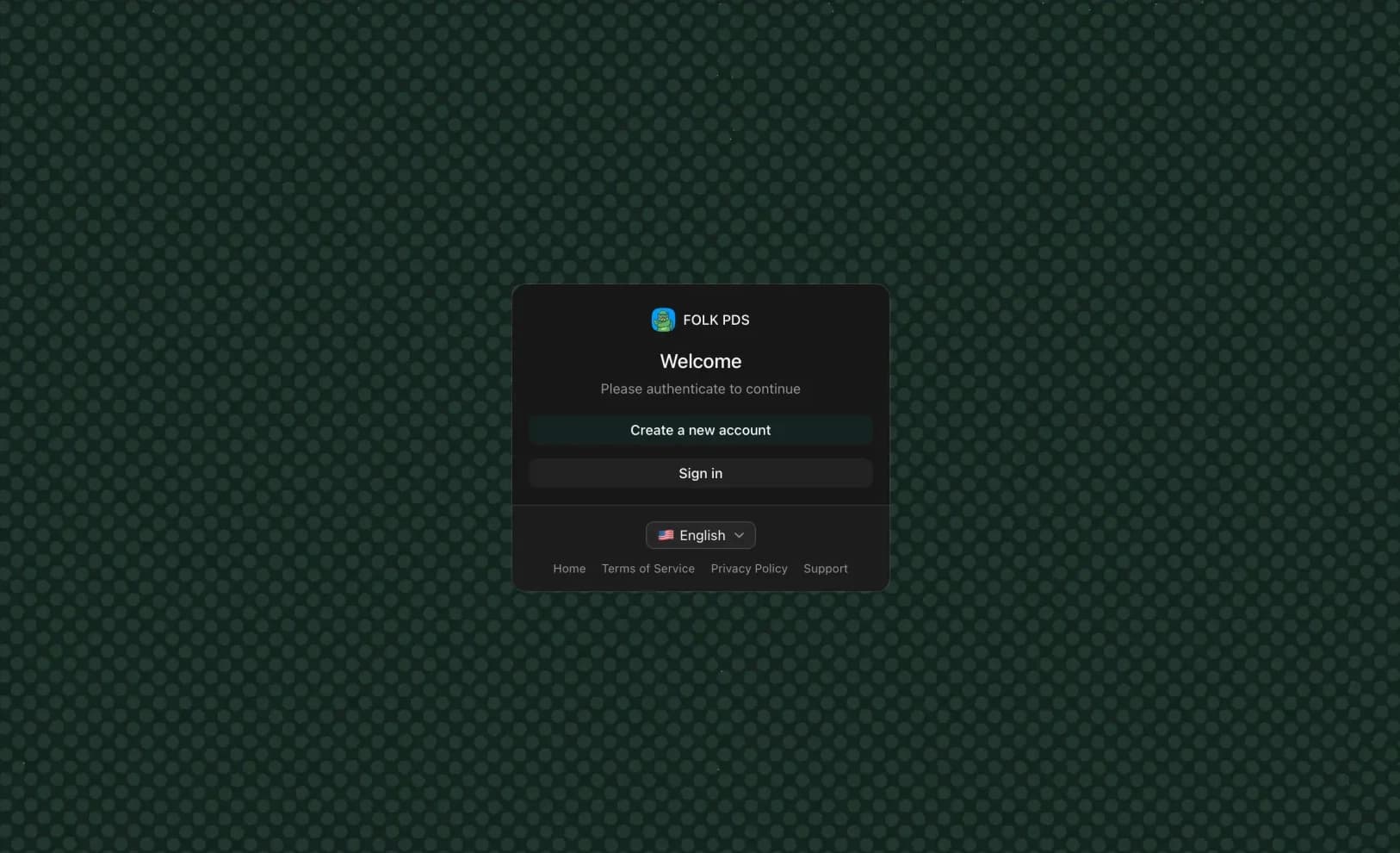 The FOLK PDS welcome screen at at.folk.lol, dark green halftone dots behind a Create a new account / Sign in card