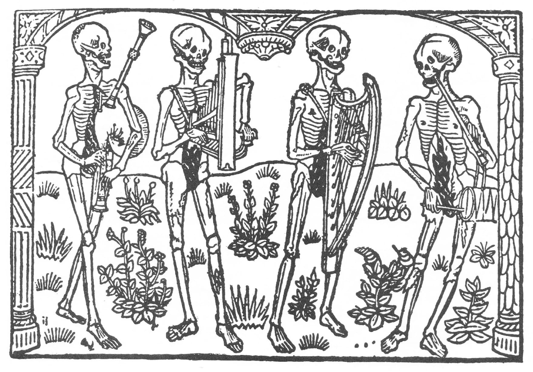 Danse Macabre - medieval illustration of Death leading figures in a dance