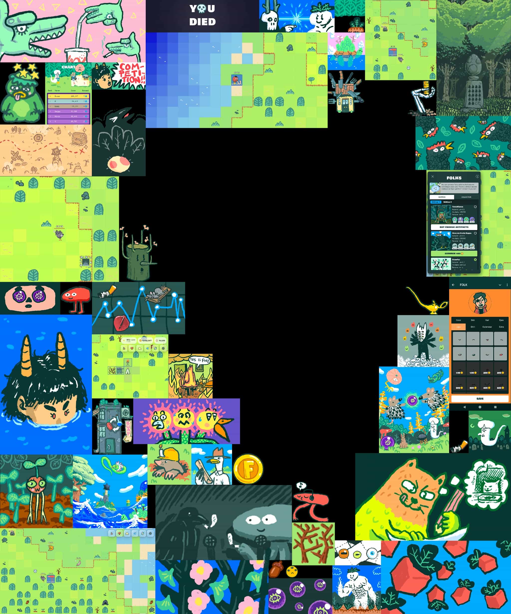 FOLK game world - hand-drawn sandbox MMORPG with terraforming, creatures, and settlement building