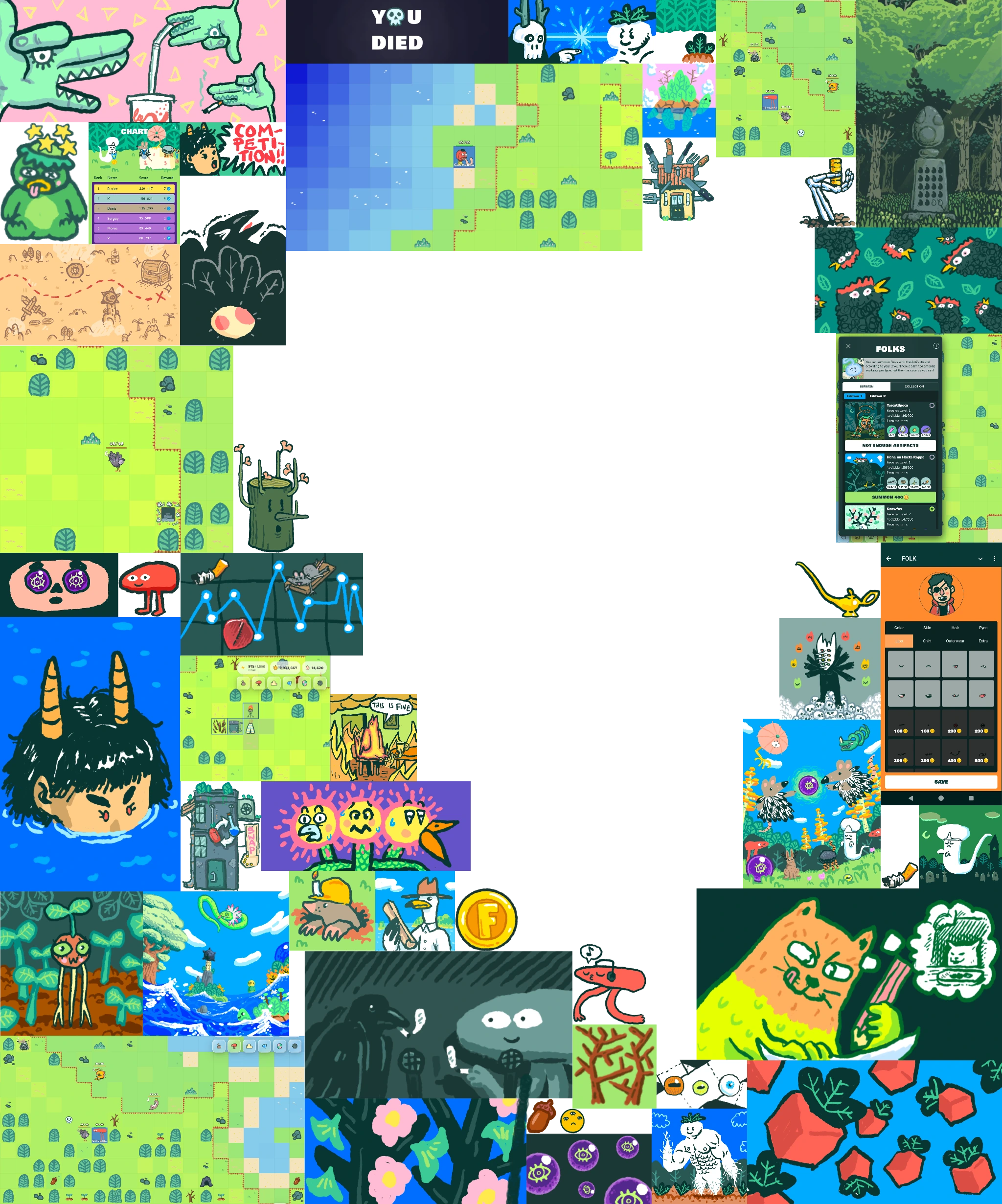 FOLK game world — hand-drawn sandbox MMORPG with terraforming, creatures, and settlement building