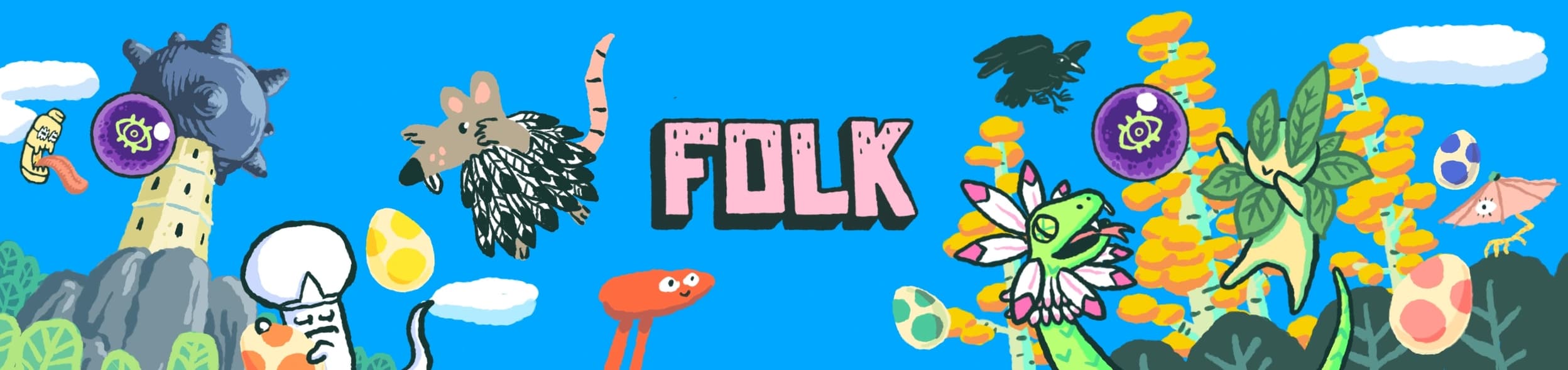 A crowd of hand-drawn Folk creatures - FOLK, a weird indie sandbox MMORPG